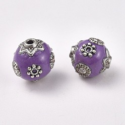 Pourpre Perles Indonésiennes manuelles, avec des détails en métal et des strass en cristal, ronde, argent antique, pourpre, 11x10~11mm, Trou: 1.5~2mm