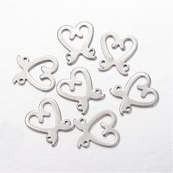Stainless Steel Color 304 Stainless Steel Links connectors, Heart, Stainless Steel Color, 17x15x1mm, Hole: 1mm