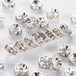 Silver Brass Rhinestone Spacer Beads, Grade A, Crystal, Straight Flange, Rondelle, Silver Color Plated, 5x2.5mm, Hole: 1mm