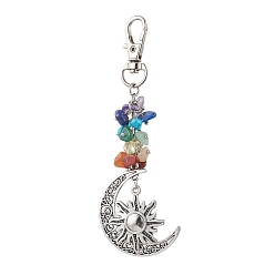 Sun Natural & Synthetic Mixed Gemstone Chip Pendant Decorations, with Alloy Pendants and Swivel Clasps, Moon, Sun, 113mm