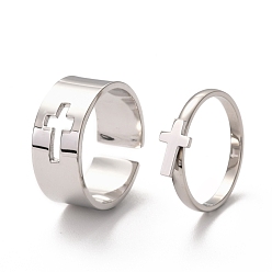 Stainless Steel Color 304 Stainless Steel Finger Rings Sets, Wide Band Cuff Rings and Finger Rings, Couple Rings for Valentine's Day, Cross, Stainless Steel Color, US Size 6 3/4(17.1mm), US Size 8(18.1mm), 2pcs/set