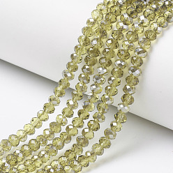 Dark Khaki Electroplate Transparent Glass Beads Strands, Half Gray Plated, Faceted, Rondelle, Dark Khaki, 4x3mm, Hole: 0.4mm, about 123~127pcs/strand, 16.5~16.9 inch(42~43cm)