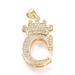 Letter C Brass Micro Pave Cubic Zirconia Pendants, Long-Lasting Plated, with Snap on Bail, Letter.C with Crown, Real 18K Gold Plated, Clear, Letter.C, C: 28x15x4mm, Hole: 3x4mm