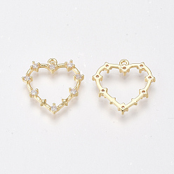 Clear Brass Cubic Zirconia Pendants, Nickel Free, Real 18K Gold Plated, Heart, Clear, 18~19x18~19x2.5mm, Hole: 1mm