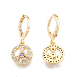 Real 18K Gold Plated Colorful Cubic Zirconia Flower Dangle Leverback Earrings, Brass Jewelry for Women, Cadmium Free & Nickel Free & Lead Free, Real 18K Gold Plated, 26mm, Pin: 1mm