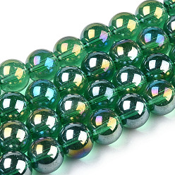 Vert Mer Plaquent verre transparent perles brins, de couleur plaquée ab , ronde, vert de mer, 9.5~10mm, Trou: 1.5mm, Environ 40~42 pcs/chapelet, 14.76~15.12 pouce (37.5~38.4 cm)