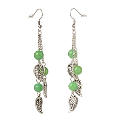 Jade Malais Boucles d'oreilles pendantes en perles de jade de malaisie naturelle, boucles d'oreilles lustre en alliage de feuilles, 94~96mm, pin: 0.6 mm