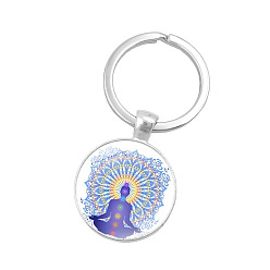 Colorido Llavero con colgante de cúpula y media ronda de cristal con tema de yoga de siete chakras, con llaveros de aleación, para accesorios colgantes de bolsos de coche, colorido, 5.7 cm