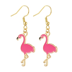 Golden Deep Pink Enamel Flamingo Dangle Earrings, 304 Stainless Steel Jewelry for Women, Golden, 48.5mm, Pin: 0.6mm