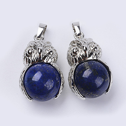 Lapis Lazuli Natural Lapis Lazuli Pendants, with Platinum Tone Brass Findings, Owl with Round Ball, 31x18.5x16mm, Hole: 5x8mm
