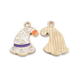White Halloween Light Gold Tone Alloy Enamel Pendants, Hat with Spider Web Charm, White, 21x13.5x1.5mm, Hole: 2mm