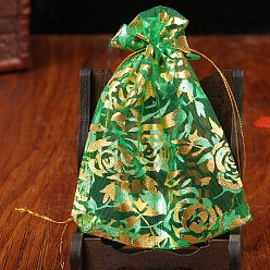 Citron Vert Pochettes à bijoux en organza avec cordon de serrage, sacs-cadeaux de fête de mariage, rectangle avec motif de fleurs estampé d'or, lime, 9x7 cm