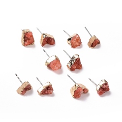 Coral Natural Dyed Druzy Quartz Stud Earrings, with Brass Findings, Nuggets, Golden, Coral, 3~13x3~13x4~9mm, Pin: 0.7mm