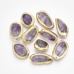 Gold Natural Amethyst Beads, Electroplate Polymer Clay Edge, Nuggets, Gold, 15~25x11.5~15.5x7~12mm, Hole: 1mm