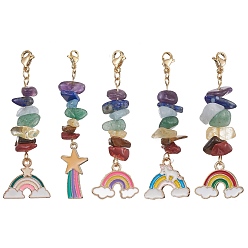 Mixed Stone Rainbow Alloy Enamel Charms & Chakra Gemstone Chips Beaded Pendant Decoration, with 304 Stainless Steel Lobster Claw Clasps, 55~70mm