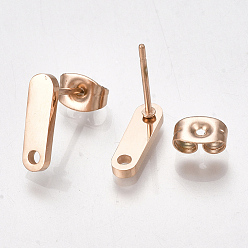 Rose Gold 304 Stainless Steel Stud Earring Findings, with Loop and Flat Plate, Ear Nuts/Earring Backs, Oval, Rose Gold, 11.5x3.5mm, Hole: 1.5mm, Pin: 0.8mm