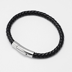 Black Braided Leather Cord Bracelets, with 304 Stainless Steel Bayonet Clasps, Black, 210x6mm