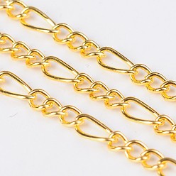 Golden Iron Handmade Chains Figaro Chains Mother-Son Chains, Unwelded, Golden, with Spool, Mother Link: 3x7mm, 1mm thick,  Son Link: 2.5x4mm, 0.63mm thick, about 328.08 Feet(100m)/roll