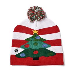 Christmas Tree LED Light Up Christmas Acrylic Fibers Yarn Cuffed Beanies Cap, Winter Warmer Knit Hat for Women, with Built-in Battery and Switch, Christmas Tree, 285x240x13.5mm, Inner Diameter: 145mm