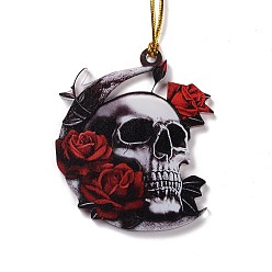 Dark Red Opaque One-sided Printed Acrylic Big Pendants, for Halloween, Skull with flower, Dark Red, 490x2mm, Hole: 3.5mm