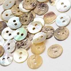Color Canela 2 hoyos de madre, plano y redondo de botones de perlas, botón de concha akoya, bronceado, 9x1 mm, agujero: 1.5 mm, sobre 2880 unidades / bolsa
