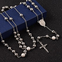 White Crucifix Cross 304 Stainless Steel Rosary Bead Necklaces, For Easter, White, 42.5 inch~44.1 inch(108~112cm)