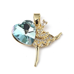 Pale Turquoise Real 18K Gold Plated Rack Plating Brass Micro Pave Clear Cubic Zirconia Pendants, with Glass, Long-Lasting Plated, Cadmium Free & Lead Free, Dancer with Heart Charm, Pale Turquoise, 23x24.5x8.2mm, Hole: 5x3.2mm