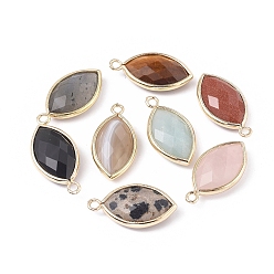 Mixed Stone Natural & Synthetic Mixed Gemstone Pendants, with Golden Plated Brass Findings, Faceted, Horse Eye, 21.5x11.5x3~5mm, Hole: 1.6mm