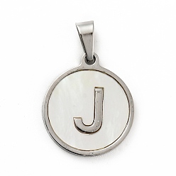 Letter J 304 Stainless Steel with White Shell Pendants, Stainless Steel Color, Flat Round with Letter Charm, Letter.J, 18x16x1.5mm, Hole: 3x6mm