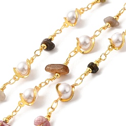 Tourmaline Handmade Natural Tourmaline Chip Beaded Chains, Real 18K Gold Plated Brass Glass Link Chains, Soldered, with Spool, Cadmium Free & Lead Free, Bead link: 12.5x8x6mm, Gemstone Chip: 16~19x8.5~10x5~6.5mm