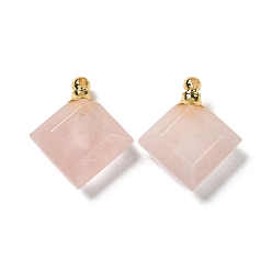 Rose Quartz Natural Rose Quartz Perfume Bottle Pendants, Faceted Rhombus Charms with Golden Tone 304 Stainless Steel Findings, 31x27~27.5x8.5~10mm, Hole: 2mm