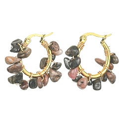 Rhodochrosite Natural Rhodochrosite Chips Braided Hoop Earrings, 304 Stainless Steel Wire Wrap Jewelry for Women, 25~27x28~33x7~9mm, Pin: 0.6mm