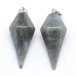 Labradorite Natural Labradorite Pointed Pendants, with Brass Findings, Bullet, Platinum, 38.5x16x14.5mm, Hole: 5x8mm