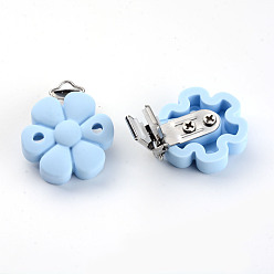 Light Sky Blue Food Grade Eco-Friendly Silicone Baby Pacifier Clips, with 304 Stainless Steel Clips, Flower, Stainless Steel Color, Light Sky Blue, 52x40x23mm, Hole: 4x12.5mm and 5mm