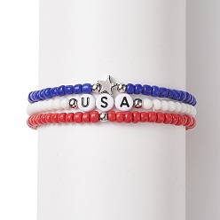 Mixed Color 3Pcs 3 Style Independence Day Glass Beaded Stretch Bracelets Set, Word USA Acrylic & Alloy Star Stackable Bracelets for Women, Mixed Color, Inner Diameter: 2-1/8 inch(5.5cm), 1Pc/style