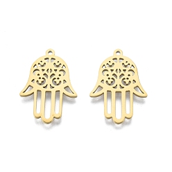 Real 18K Gold Plated 201 Stainless Steel Pendant, Hollow Charms, Hamsa Hand/Hand of Miriam with Flower, Real 18K Gold Plated, 27x19x1.5mm, Hole: 1.4mm