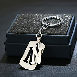 Letter N 201 porte-clés en acier inoxydable, porte-clés étiquette de chien, avec porte-clés en fer plaqué platine, rectangle avec lettre fractionnée, letter.n, 10.5 cm