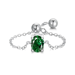 Green Rhodium Plated 925 Sterling Silver Rolo Chain Rings, Birthstone Ring, with Cubic Zirconia Oval for Women, Adjustable Slider Ring, Real Platinum Plated, Green, 1.2mm, US Size 7(17.3mm)