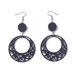 Black Wood Dangle Earrings, with Platinum Tone Iron Earring Hooks, Flat Round, Black, 89mm, Flat Round: 14mm and 44mm, Pin: 0.5mm