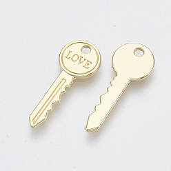 Light Gold Alloy Pendants, Key with Word Love, Light Gold, 27.5x10.5x1.5mm, Hole: 2mm