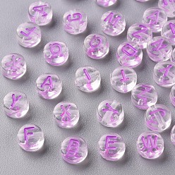 Medium Orchid Transparent Clear Acrylic Beads, Horizontal Hole, Flat Round with Random Letter, Medium Orchid, 7x4mm, Hole: 1.6mm, about 3700pcs/500g