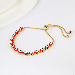 Red Brass Evil Eye Link Chains Slider Bracelet, Adjustable Bracelet, Red, Inner Diameter: 2-3/8~2-3/4 inch(6~7cm)