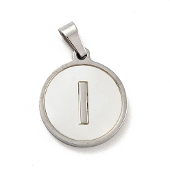 Letter I 304 Stainless Steel with White Shell Pendants, Stainless Steel Color, Flat Round with Letter Charm, Letter.I, 18x16x1.5mm, Hole: 3x6mm