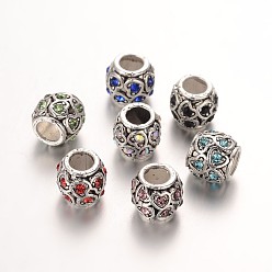 Mixed Color Antique Silver Plated Alloy Rhinestone European Beads, Large Hole Barrel with Heart Beads, Mixed Color, 10x9.5mm, Hole: 5mm