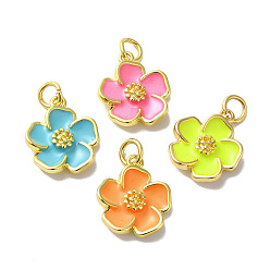 Mixed Color Rack Plating Brass Enamel Charms, Lead Free & Cadmium Free, with Jump RIng, Real 18K Gold Plated, Long-Lasting Plated, Flower Charm, Mixed Color, 15x13x3.5mm