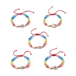 Colorful Evil Eye Resin Bead & Eye/Hamsa Hand/Flat Round Alloy Rhinestone Braided Beaded Bracelets for Girl Women, Adjustable Nylon Threads Cord Bracelet, Colorful, Inner Diameter: 1-7/8~3-1/8 inch(4.9~7.8cm)