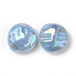 Bleu Ciel Clair Perles acryliques placage irisé arc-en-ciel, perles de paillettes, plat rond avec motif de visage souriant, lumière bleu ciel, 32x32x14.5mm, Trou: 3.5mm