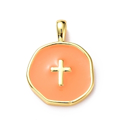 Naranja Oscura Colgantes de esmalte de bronce, la luz de oro, plano y redondo con la cruz, naranja oscuro, 18x13.5x3.5 mm, agujero: 2x3.5 mm