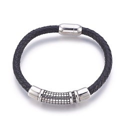 Antique Silver & Stainless Steel Color Leather Braided Cord Bracelets, with Stainless Steel Magnetic Clasps and Tube Beads, Antique Silver & Stainless Steel Color, 8-1/2 inch(21.7cm), 6mm