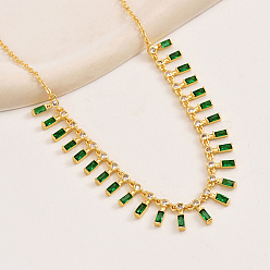 Green Golden Brass Rectangle Charms Bib Necklace for Women, Green, 15.75 inch(40cm)